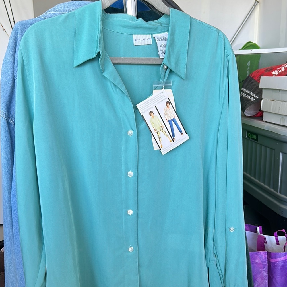 White Stag Green Long Sleeve Notched Collar Blouse - Picture 1 of 1